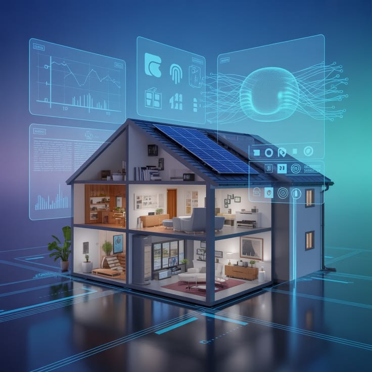 Modernes Eigenheim in der Abenddämmerung mit vollautomatisierter Beleuchtung