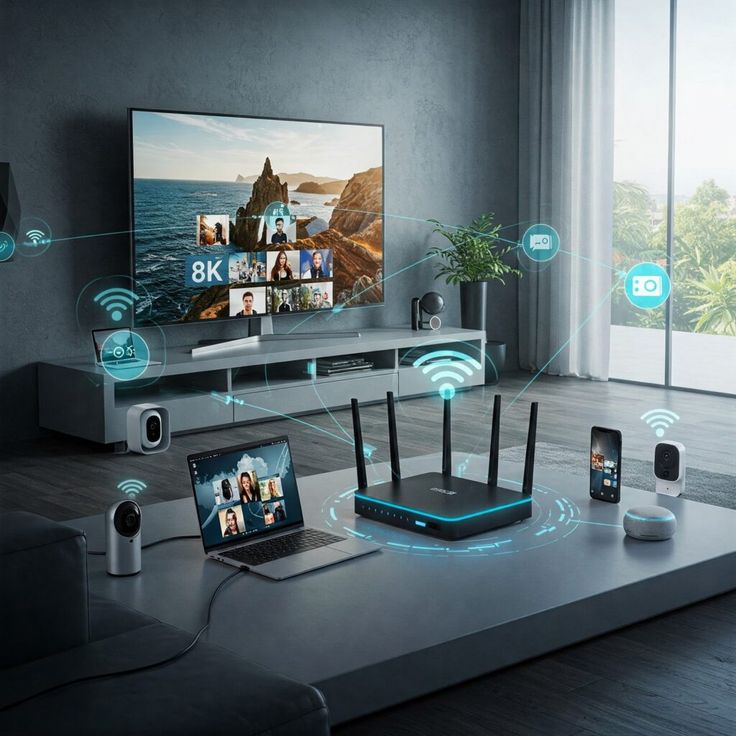 Familie in einem KI-gesteuerten Zuhause — entspannte Abendstimmung mit automatisiertem Licht