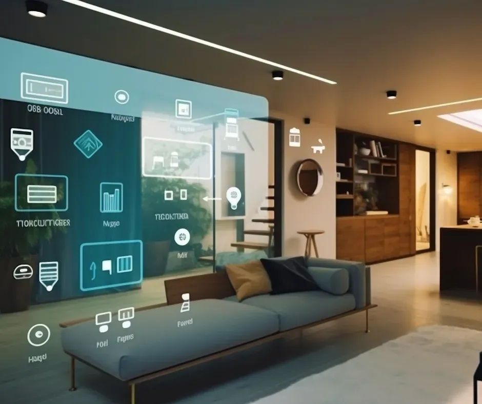 Modernes Wohnzimmer mit KI-gesteuertem Licht und Klimasystem